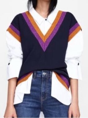 Zara Navy V-Neck Sweater Vest with Purple and Orange metallic stripe trim